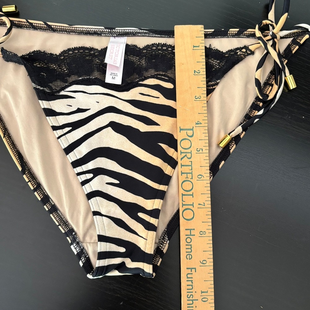 Early 2000s Victorias Secret Zebra Print Lace Bikini Set Triangle Side Tie M Y2K - Picture 11 of 16